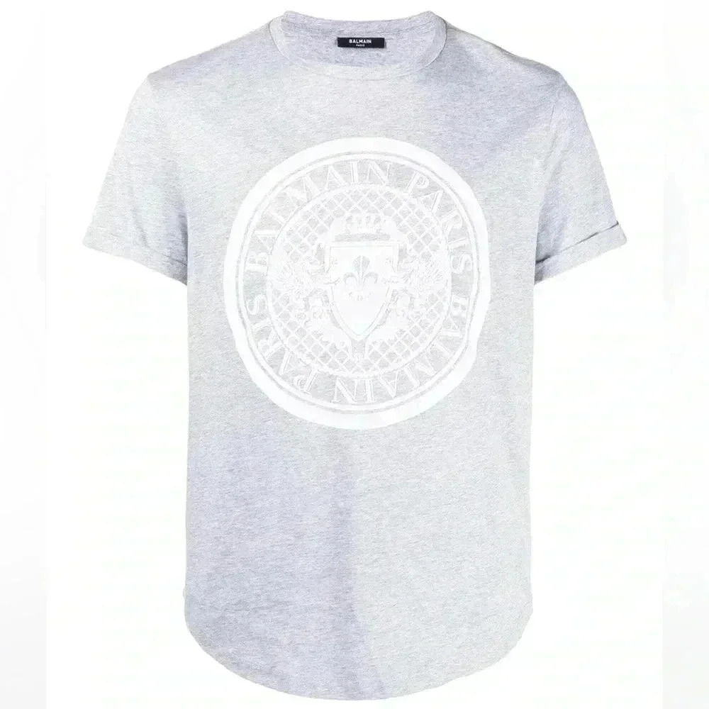 NWT Balmain Men’s Coin Flock Raised Logo Short Sleeve Tee Gray White XS